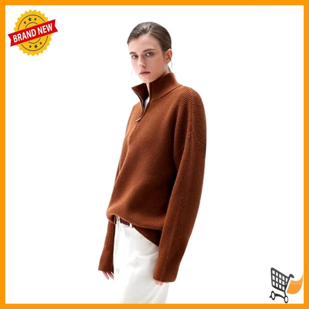 Oversized Cashmere Blend Quarter Zip Pullover Sweater Chunky Knit Cozy Minimal - Picture 3 of 7
